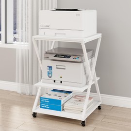 Natwind 3 Tier Printer Stand, 19.7''x19.7'' Large Printer Table with Height Adjustable Shelf, Rolling Printer Cart with Wheels,Multifunctional Organizer Shelf for Home Office Kitchen（White）