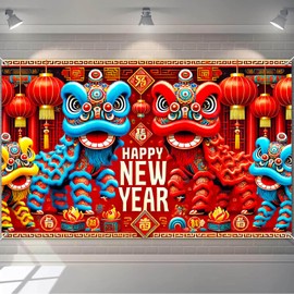 BlissYard 2026 Lunar New Year Backdrop 71 x 43 Inch Chinese Lion Dance Gold Red Party Decor Banner Oriental Festival Photo Backdrop for Spring Celebration Holiday Wall Hanging Indoor Outdoor Banner