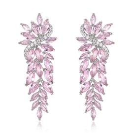 Clearine Bridal Long Drop Earrings Marquise Cluster Dangle Earrings for Women Bridesmaid Wedding Guest Pink Silver-Tone