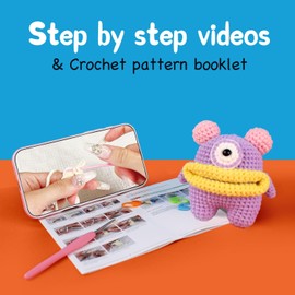 Colmeow Crochet Kit for Beginners, Crochet Starter Kit with Yarn and Hook, Step-by-Step Video Tutorials-Big-Eyed Adorable Purple Monster, Beginner Animal Crochet Kit for Adults Kids