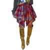 Womens Plaid Skirts Elastic High Waist Tie Front Asymmetrical Hem