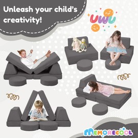 MeMoreCool Kids Couch for Playroom, Corduroy Convertible Toddler Couch, 8 Piece Modular Play Sofa, Foam Fort Building Set for Child Room Furniture, Dark Grey