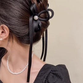 2 Pack Bow Hair Clips with Long Tail, Tassel Ribbon Hair Claw Clips,for Womon Tassel Ribbon Bowknot Hair Clips With Long Tail,Long Hair Accessories Barrettes Claw With Bow (Black, 26.5CM)