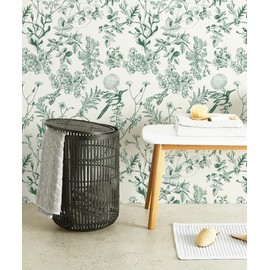 Safiyya 393"x17.3" Wallpaper Floral Birds Contact Paper Green White Wallpaper Peel and Stick Modern Wallpaper Boho Removable Wallpaper for Bathroom Vinyl Rolls