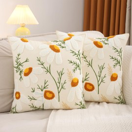 LUOYEHK Embroidered Throw Pillow Covers 18x18 Inch Pack of 2 White Daisy Decorative Pillow Cases Spring Farmhouse Floral Tufted Cushion Covers for Couch Sofa Bed Living Room