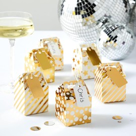 Juvale Party Favor Boxes - 36 Mini Gold 2 x 2 x 2 in With Tags & Strings - 3 Patterns Polka Dot, Stars & Stripes - Paper Packaging for Wedding & Birthday Truffles