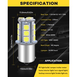 Qoope 1156 LED Bulb White Super Bright 1141 7506 1003 1073 LED Bulbs RV Light Bulbs Replacement 5050 18SMD for 12V RV Camper Trailer Interior Lights Boat Yard Light, Pack of 10