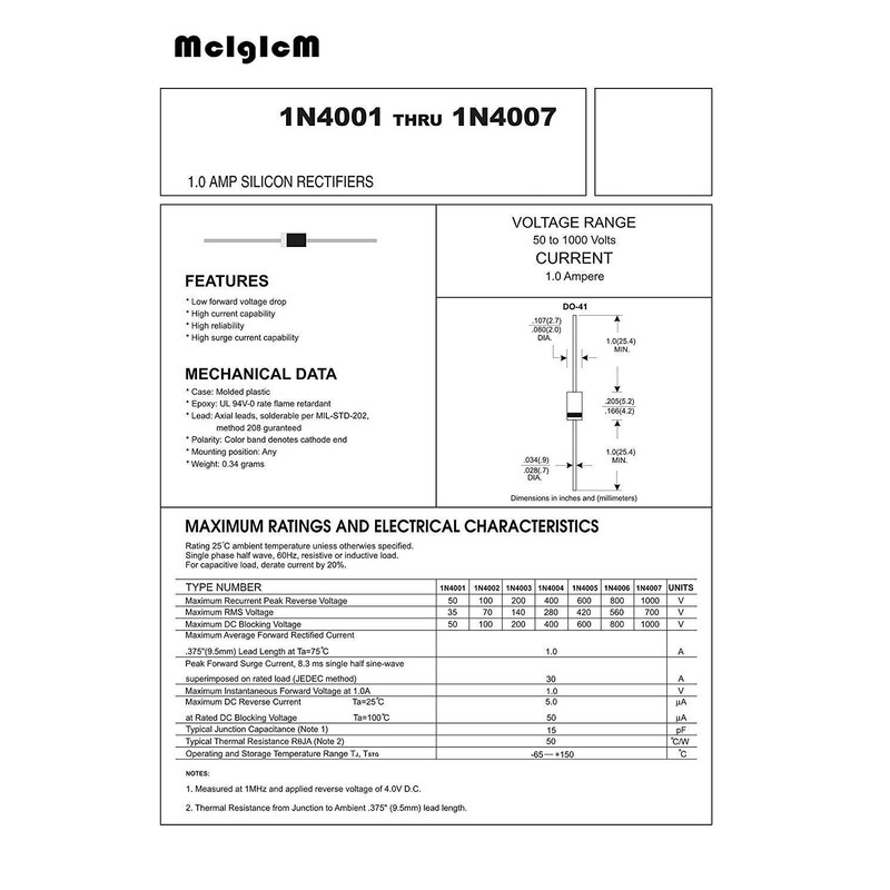 (100 Pcs) 1N4001 Rectifier Diode, 50V 1A DO-41 Electronic Silicon