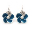 Small Blue Enamel Diamante Flower Drop Earrings In Silver Tone/