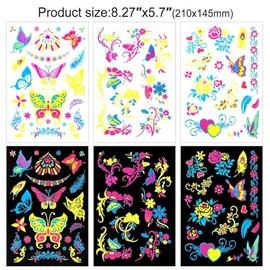 9 hojas grandes de neón brillan en la oscuridad tatuajes temporales,100+ diseños surtidos brillan UV de neón cuerpo cara flores mariposa flash falso i