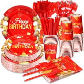 168 Pcs Red and Gold Party Supplies Tableware Set Happy Birthday Plates, Knife,Forks,Spoons, Cups and Napkins Table Decorations for Women Girls Birthday Party Decorations, 24 Guests