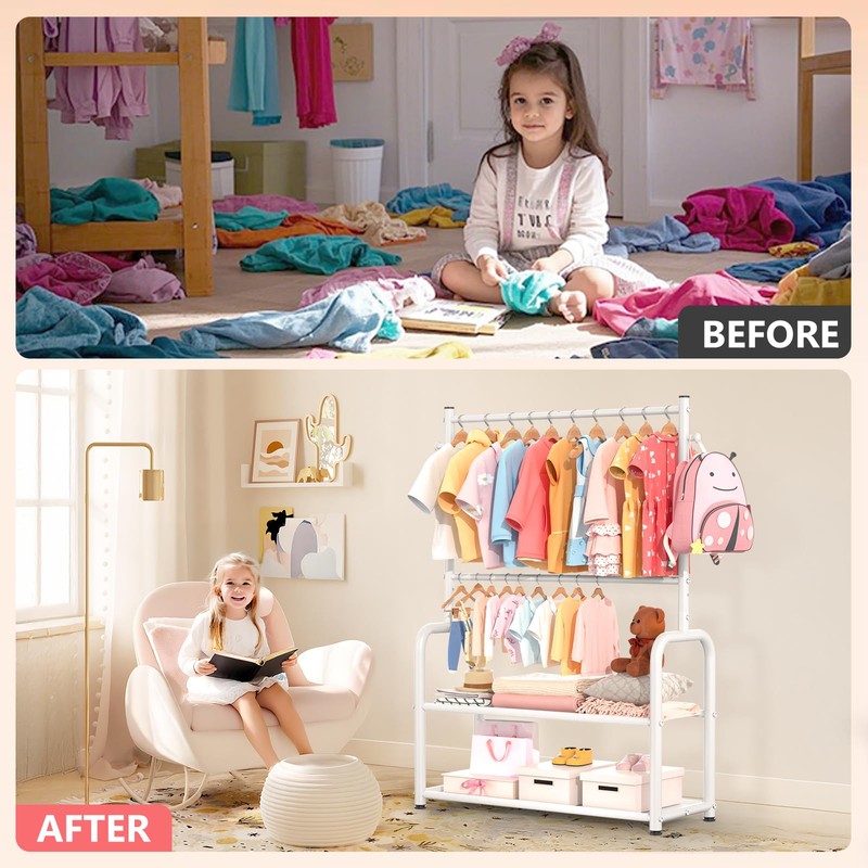 ZHKINGGS Kids Clothing Rack with 2-Layer Storage Shelf and 2