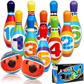 STAY GENT Kids Bowling Set Skittles Game 10 Pins and 2 Balls for Kids and Toddlers, Soft Bowling Set 10 Multi-Coloured Indoor Outdoor Educational Toys for Children 3+ Years Old