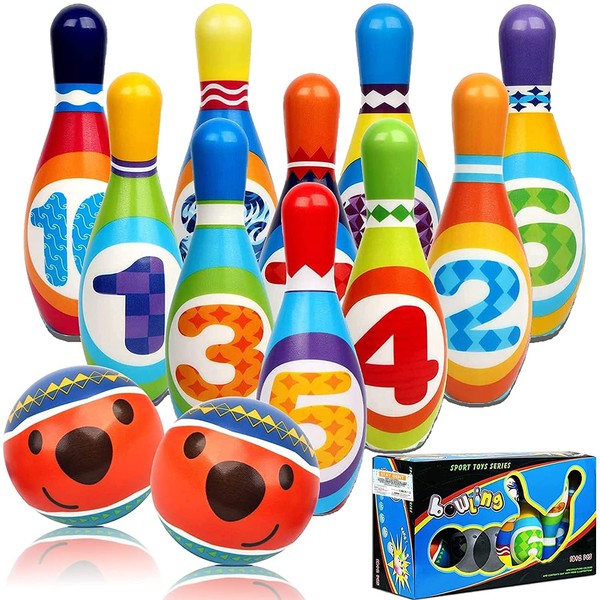 STAY GENT Kids Bowling Set Skittles Game 10 Pins and 2 Balls for Kids and Toddlers, Soft Bowling Set 10 Multi-Coloured Indoor Outdoor Educational Toys for Children 3+ Years Old