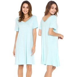 WiWi Nightgowns for Women Soft Bamboo Viscose Pajamas Short Sleeve Sleepwear Sleep Shirts Plus Size Nightshirts S-4X, Aqua, Medium