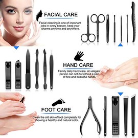 Manicura Set-Salandens 18 en 1 Manicura y Pedicura Profesional de Pedicura Profesional de Acero Inoxidable, Tijeras para Uñas con Cuero Negro Caso
