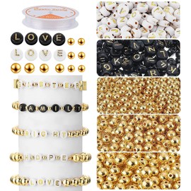 Pack of 1600 Letter Beads Craft Set, Bracelet Beads Set Letters, DIY Bracelets, Beads for Bracelets Letters, Letter Beads Square, Beads Letters for Bracelets with Ribbon, Spacer Beads Gold