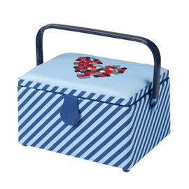 Sewing Online Medium Sewing Box,Blue Fabric with an Embroidered Button Heart Lid | 26 x 18 x 15cm | Storage & Organiser Basket with Compartments for Sewing Supplies/Accessories - GA1112M