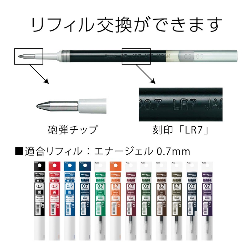 Pentel Gel Ink Ballpoint Pen, EnerGel Retractable 0.7mm, Silver Barrel,