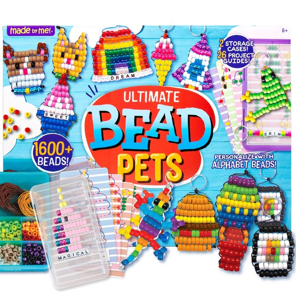 Made By Me Ultimate Bead Pets, Includes Over 1600 Beads, Carabiner Clips, Design Templates, Storage Cases, Create Your Own Backpack Keychain Kit, DIY Keychain Kit, Bead Art Crafts for Kids & Beginners