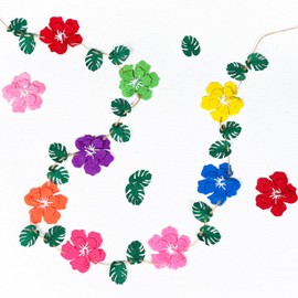 FYSUIMU Summer Hawaiian Felt Banner Hibiscus Flower Palm Leaves Pom Pom Pre-Strung Banner Tropical Hanging Garland Ornament for Aloha Luau Beach Pool Birthday Party Home Classroom Wall, 8.2 Ft