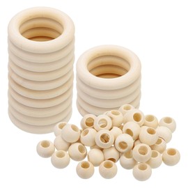 PATIKIL Natural Wood Rings and Unfinished Wooden Beads Set, 15Pcs 60mm Wood Hoop & 30Pcs 20mm Wood Color Round Loose Beads for DIY Pendant Connectors Jewelry Making Macrame Wall