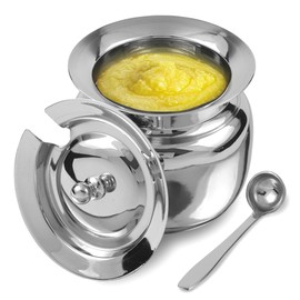 KSJONE Stainless Steel Ghee Pot with Spoon and Lid | Ghee Container for Kitchen | Premium Oil Container with Lid for Pooja Items, 13 oz (400 ml)
