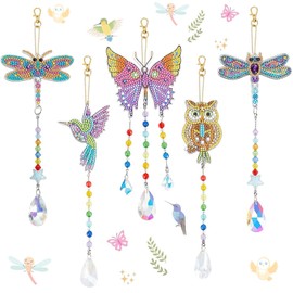 AUAUY 5D Diamond Painting Crystal Sun Catcher Wind Chime Set of 5, Double-Sided Painting, Key Ring, Crystal Hanging Ornament, Creative Craft Set Gift for Girls Aged 6–12 Years