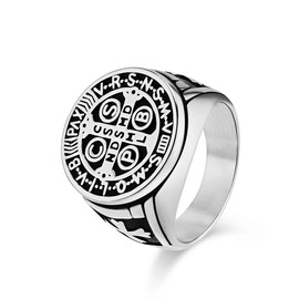 FUTPLOR St Benedict Exorcism Ring, Titanium Steel Catholic Rings for Men Saint Benedict Medal Catholic Roman Cross Protection Jewelry Religious Amulet Signet Ring (Silver, Size 8)