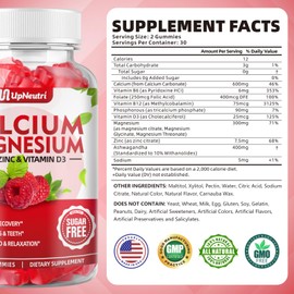UPNEUTRI Calcium Magnesium Zinc with Vitamin D3 Supplement, Sugar Free Calcium Gummies for Women Men, High Absorption Zinc Gummies for Bone & Muscle & Immune Health, Vegan Raspberry Flavor - 60 Count