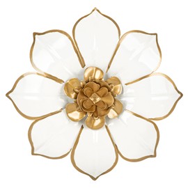 Metal Flowers Wall Decor White and Gold Wall Art Decorations Hanging Rustic Modern Floral Sculpture Single Wall Accent Artwork Indoor Outdoor for Bedroom Living Room Garden Patio Porch 10 Inch