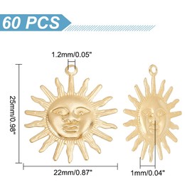 DICOSMETIC Pack of 60 Sun Face Charms, Gold-Plated Sun Charm, Sun Pendant, Brass Pendant, Sun Moon Pendant for Earrings, Necklaces, Bracelets, Jewellery Making, Hole: 1.2 mm