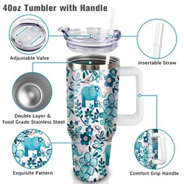 puhnhsv 40 oz Elephant Tumbler With Handle and Straw, 40oz Insulated Stainless Elephant Tumbler Coffee Travel Mugs Cup Water Bottle Elephant Lovers Gifts for Women Girls