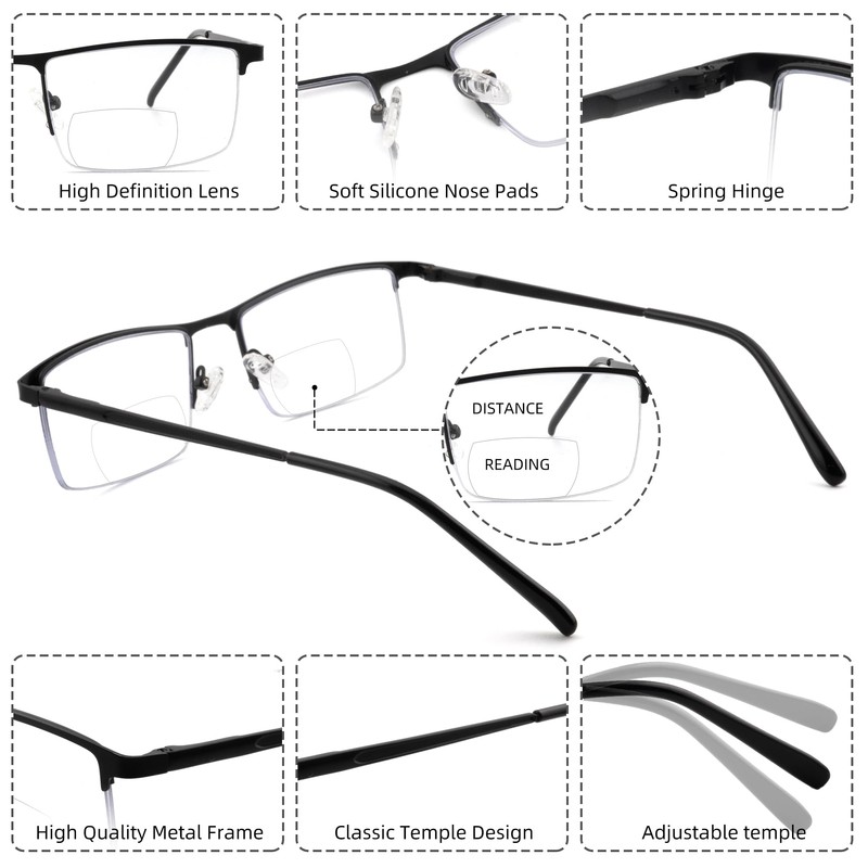 3 Pack Bifocal Reading Glasses for Men,Lightweight Metal Half Frame