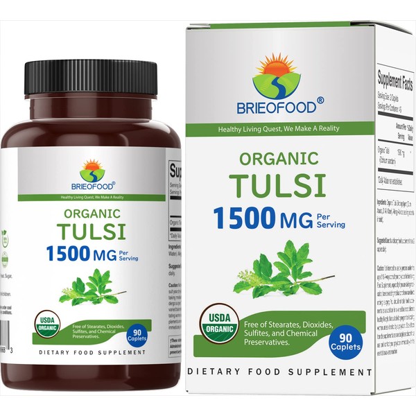 Brieofood Organic Tulsi (Holy Basil) 1500mg, 45 Servings, Vegetarian, Gluten Free, 90 Vegetarian Tablets