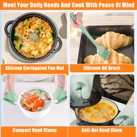 6er Set Silikon Ofenhandschuhe mit Topflappen, Bürste, Hitzebestaendig Topfhandschuhe, Backofen Zubehör, Anti-Rutsch Backhandschuhe, Küchenhandschuhe, Kochhandschuhe für Kochen, Backen, Grillen (Grün