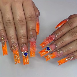 Ombre Orange French Tips Press on Nails Long Square Fake Nails with Hearts Bear Charm Design Butterfly Diamond False Nails Flower Fake Toenails Short Square Press on Toenails for Women Manicure 48Pcs