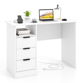 Giantex White Desk with Drawers, Modern Computer Desk with Charging Station, PC Laptop Table Computer Workstation with Storage, Makeup Vanity Table, Writing Desk for Bedroom