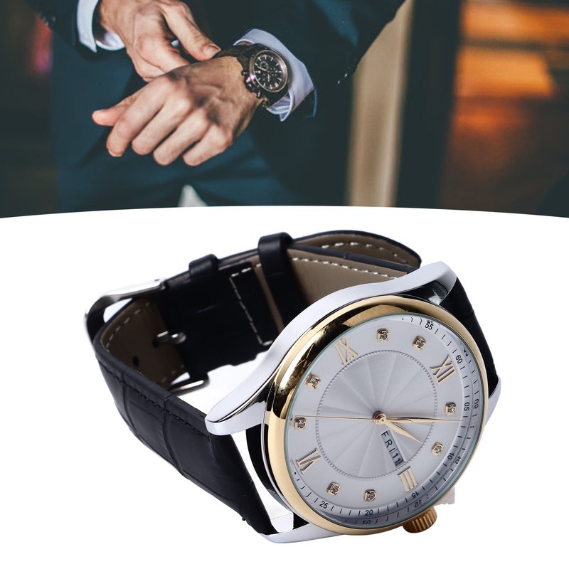 Men Quartz Watch Double Calendar Accurate Time PU Leather Strap