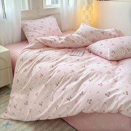 Nayoroom Bed Linen Cherry Cotton 135 x 200 cm Pink Hearts Duvet Cover and Pillowcase 80 x 80 cm 2-Piece Aesthetic Cotton Hearts Bedding Set with Cherry Zip