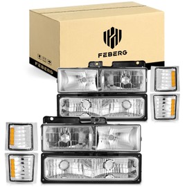FEBERG [OE Style Anti-Yellowing Headlights for 1994-1998 Chevy C10 Pickup Truck C/K 1500 2500 3500 Silverado Tahoe Suburban; 92-94 Blazer Headlamp w/Corner & Bumper Light