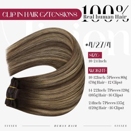 Vivien Real Hair Clip-In Balayage Extensions, 55 cm, 7 Pieces/130 g, Dark Brown with Caramel Blonde, Remy Hair Extensions, Double Weft, Long Extensions, Ombre, #4/27/4