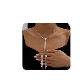 JWICOS Silver Bridal Necklace Earrings Set Crystal Wedding Jewelry Set Rhinestone Choker Necklaces for Women Wedding Long Necklace Wedding Dangle Earrings for Prom Party (Style 6)