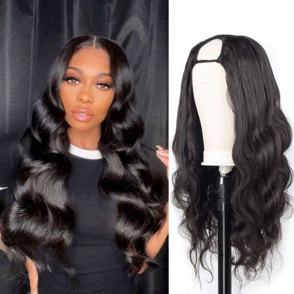 U Part Wig 100% Human Hair Wigs Body Wave 130% Density Natural and Soft Brazilian No Glue U Part Hair Extensions Clip In Half Machine Made Wigs for Black Women (24 Inches, Natural Colour)