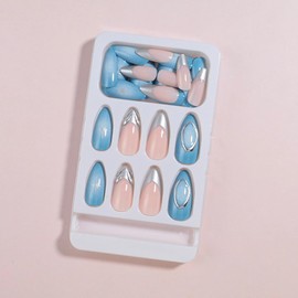 MISUD Almond Press on Nails Medium Fake Nails Glossy Glue on Nails Summer Blue Ombre Acrylic Nail Supplies Stiletto Artificial Nail Art Silver Chrome Stick on False Nails with Design DIY 24 pcs