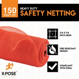Construction Safety Debris Netting - 150 Ft Temporary Material Roll, 1/4 in Mesh Scaffold Net Enclosure, Barricade, Visibility Barrier, Fencing Roll - Heavy Duty Fire Retardant Plastic - Orange