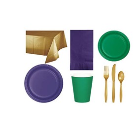 Mardi Gras Party Decorations, Bundle of Purple, Green and Gold Party Tableware for 24 People, Box of 197 Total Pieces