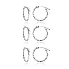3 Pair 14K White Gold Tiny Small 12mm High Polished Twist Thin Lightweight Unisex Hoop Earrings