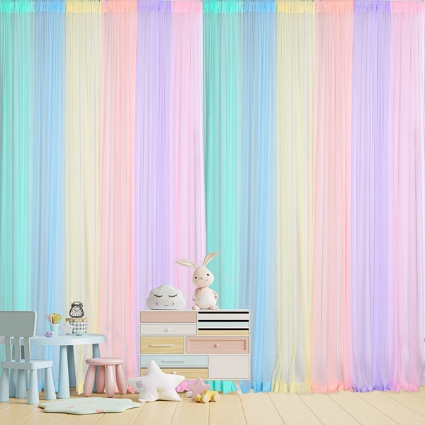 Rainbow Backdrop Curtain Tulle Party Backdrop Curtain 6 Colors Sheer Panels Curtain for Kid Baby Shower Autistic Pride Day Window Bedroom Classroom (Bright Color, 708 inch/59 ft in Total Width)
