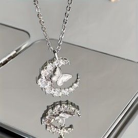 Butterfly Necklaces For Women, Silver Blue Rhinestone Moon Crystal Pendant Necklace Non Tarnish Trendy Sapphire Statement Necklace Anniversary Holiday Jewelry Gift (Minimalist Elegance, Silver)